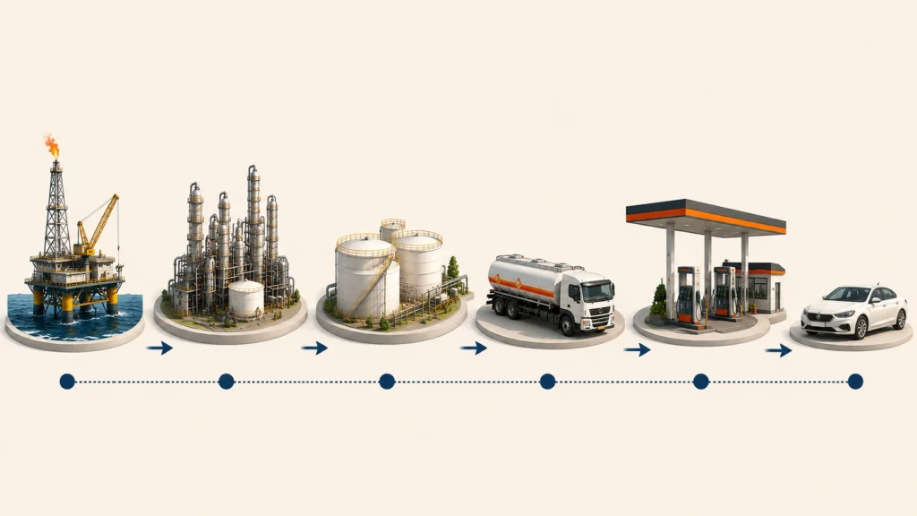 Illustration showing the petrol supply chain from crude oil extraction to the customer.