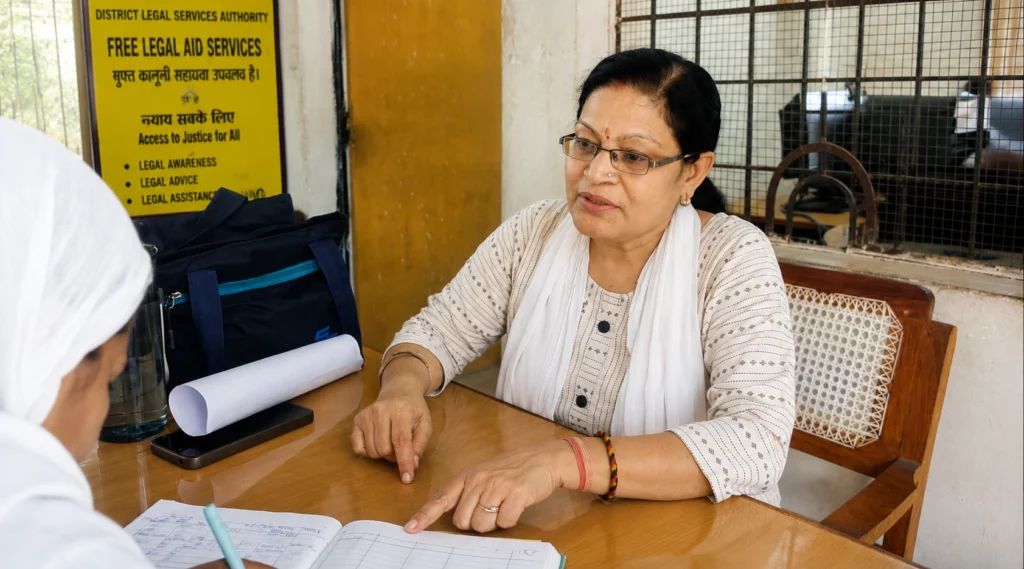 पैरा लीगल वॉलंटियर (PLV) किरण टंडन एक महिला को कानूनी सहायता प्रक्रिया समझाते हुए।