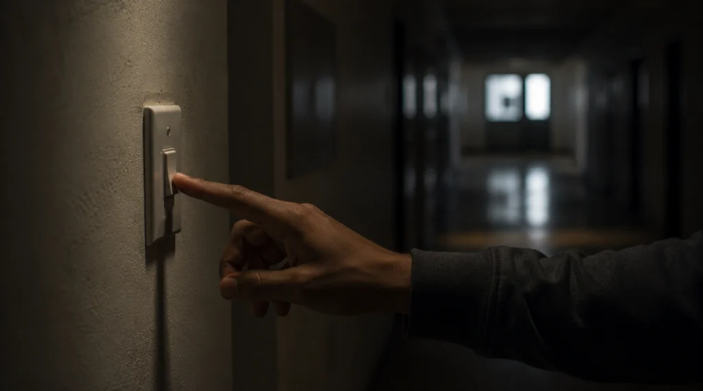 A hand switching off a light in an empty corridor representing private integrity