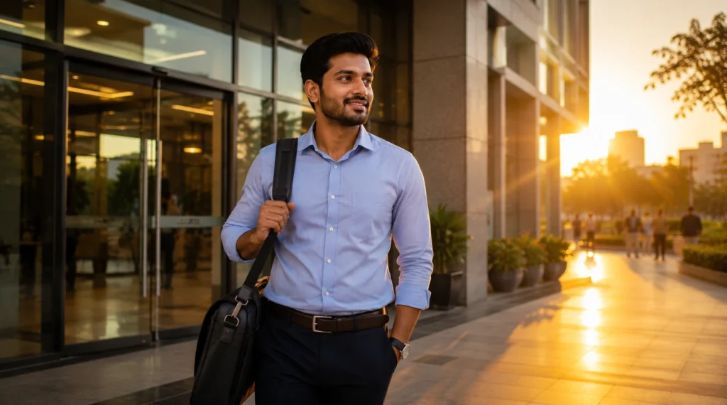 Young Indian professional leaving an office confidently at sunset, symbolizing earned trust and long-term career growth.