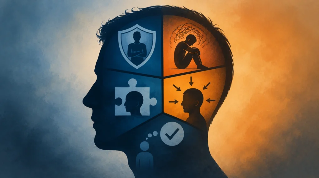 Conceptual illustration representing ego protection, fear, identity attachment and emotional defence.