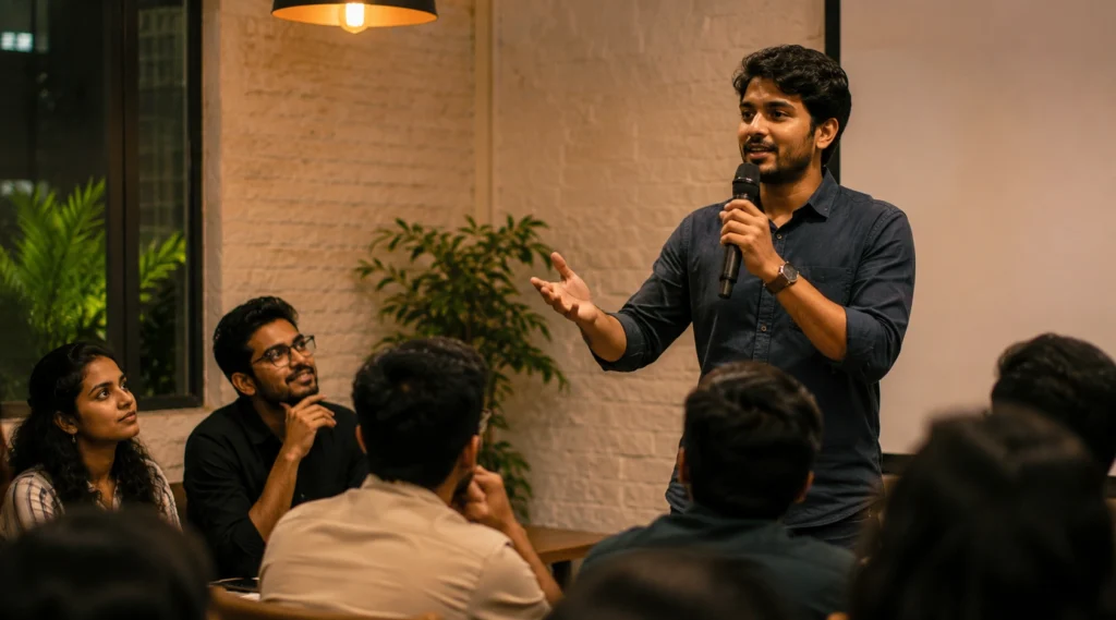 Indian public speaker engaging an audience through storytelling at a seminar