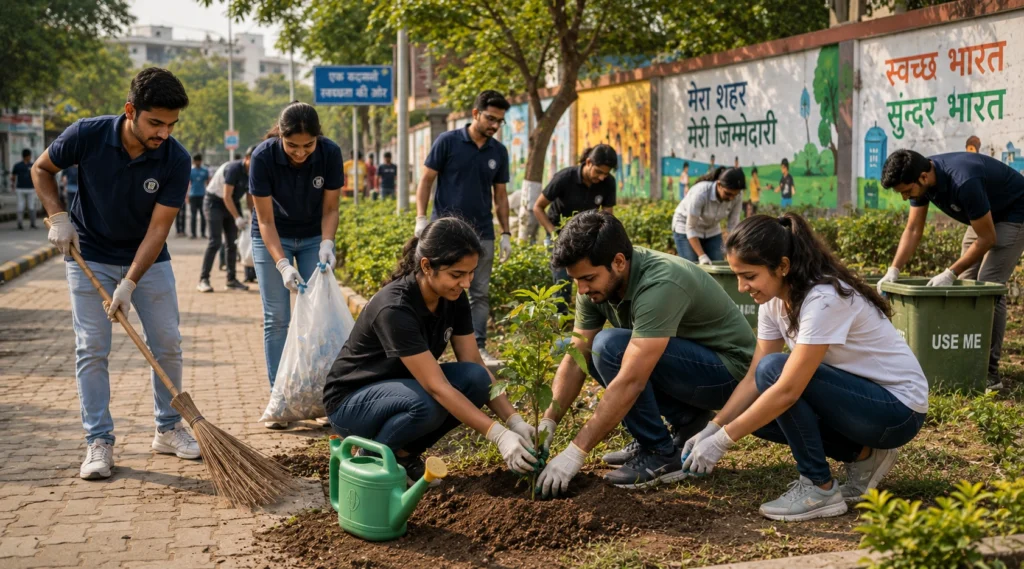 सामुदायिक सेवा और वृक्षारोपण करते भारतीय युवा