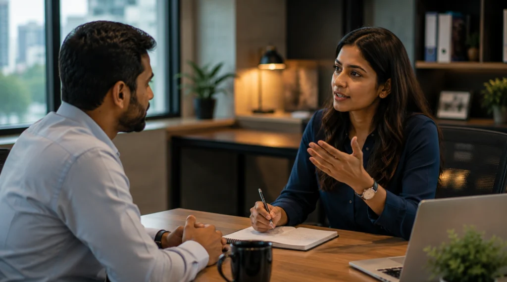 Two professionals having a calm one-on-one conversation after a workplace meeting.