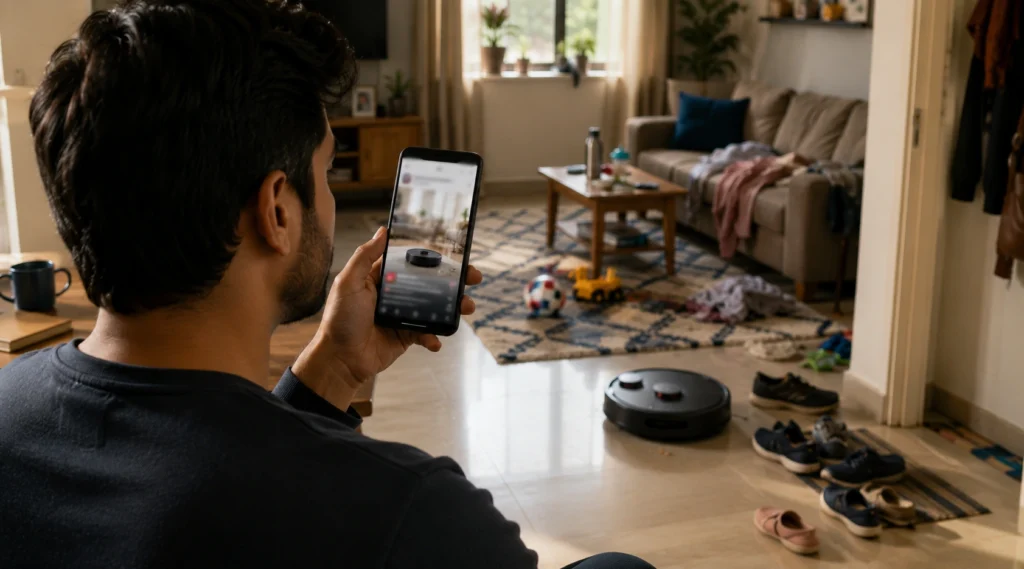 Person comparing Robot Vacuum videos on a smartphone with the reality of an everyday Indian home.