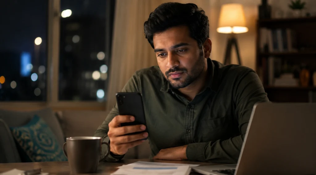 Professional quietly looking at a salary notification on a smartphone after work.