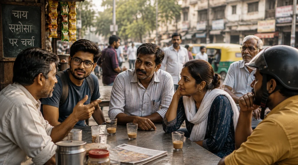 चाय की दुकान पर सार्वजनिक मुद्दों पर चर्चा करते भारतीय नागरिक