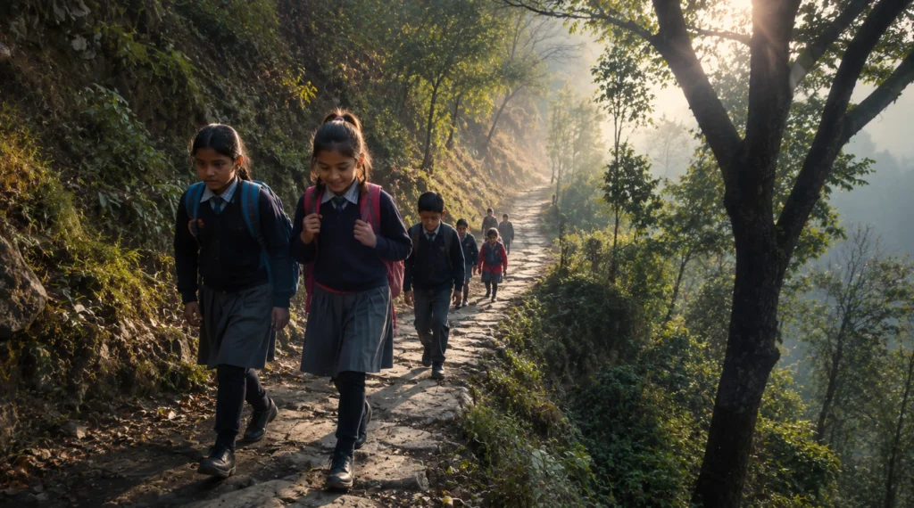 School children walking through a forest trail to reach school in a Himalayan village