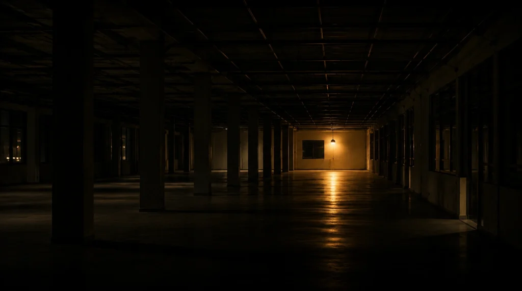 An empty factory floor with one light glowing in the distance