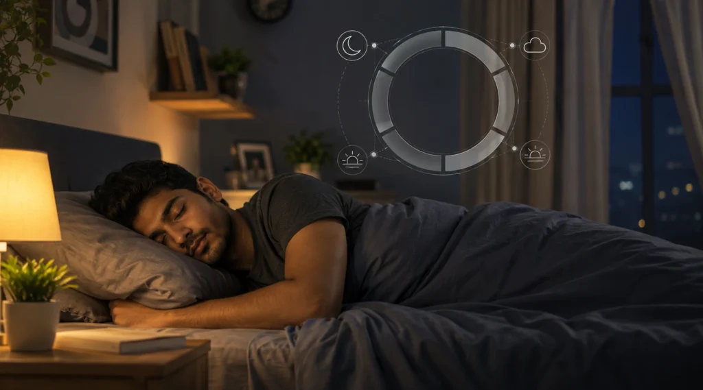 Person sleeping peacefully in a modern bedroom with a subtle visual representing the sleep cycle.