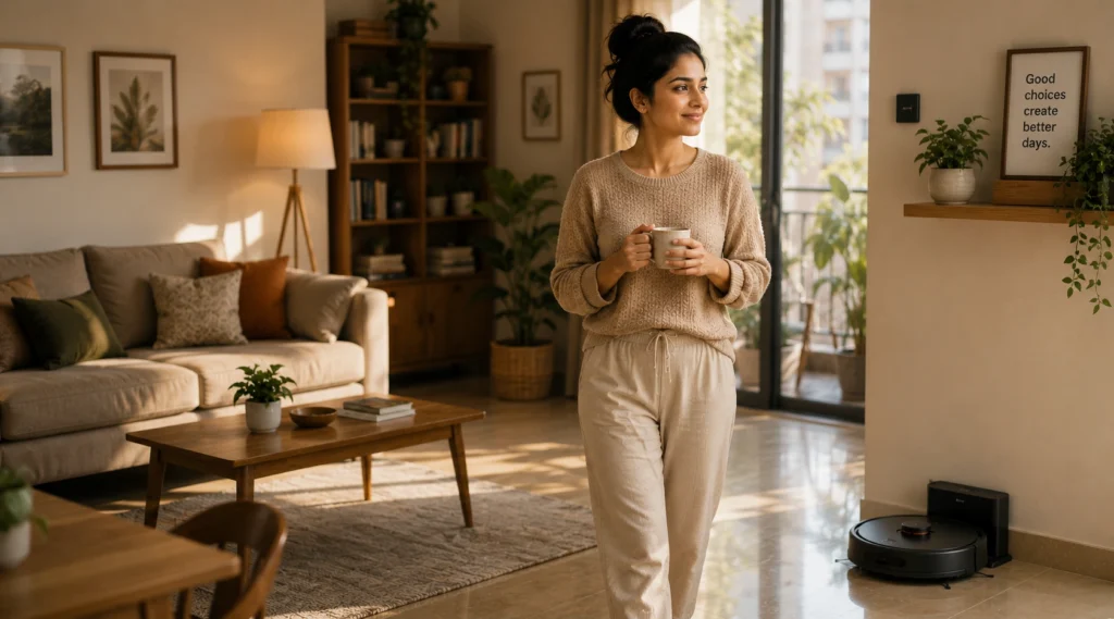 Woman enjoying a peaceful morning in a clean home after making a thoughtful buying decision.