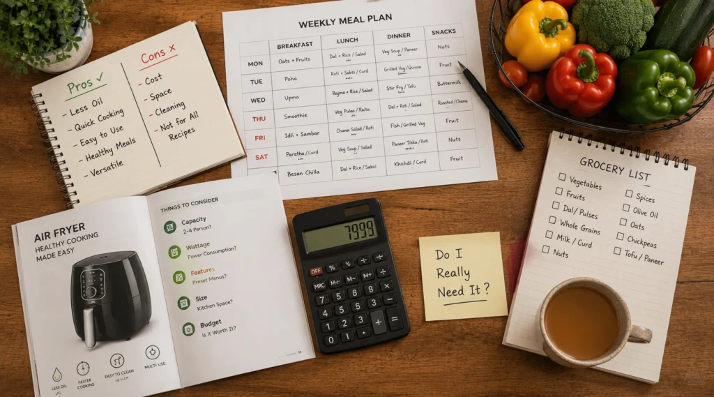 Meal planner grocery checklist and Air Fryer buying notes before making a purchase decision