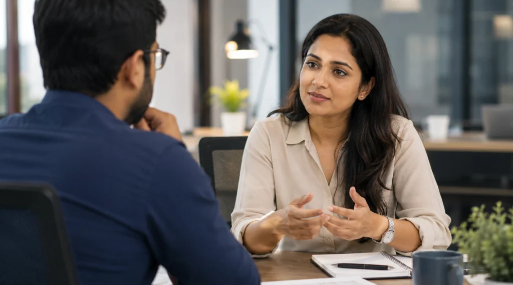 Indian professional demonstrating calm listening and emotionally intelligent communication during a workplace discussion.