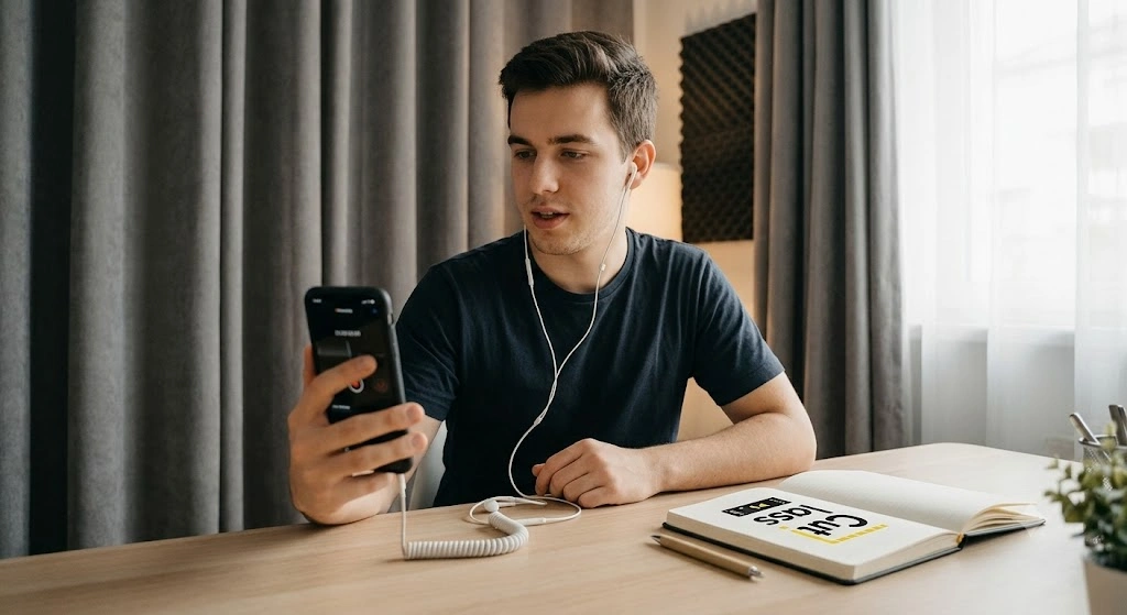 Creator using a smartphone and wired earphones to record clean audio for YouTube.