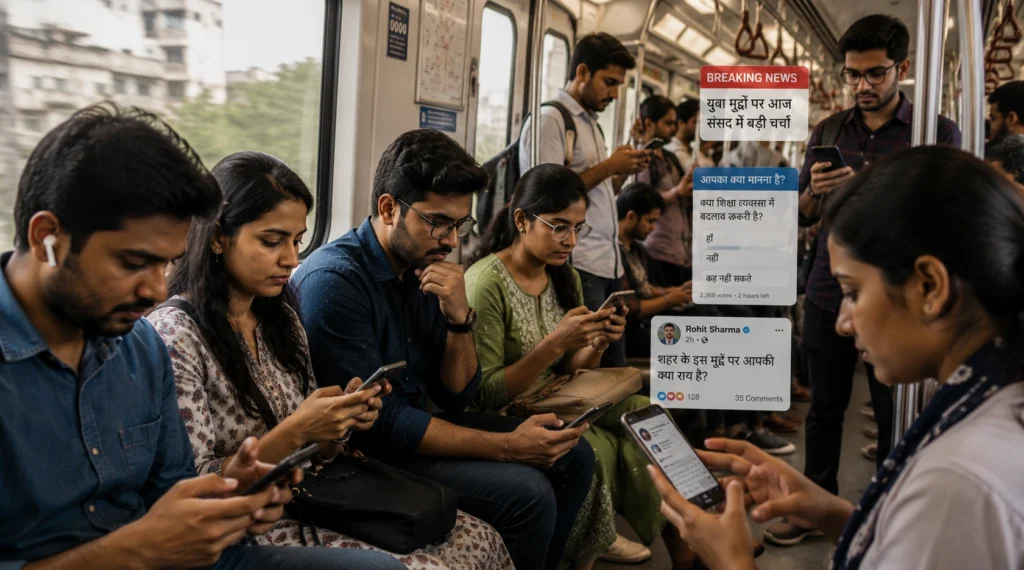 मोबाइल पर समाचार और सार्वजनिक चर्चा देखते युवा भारतीय