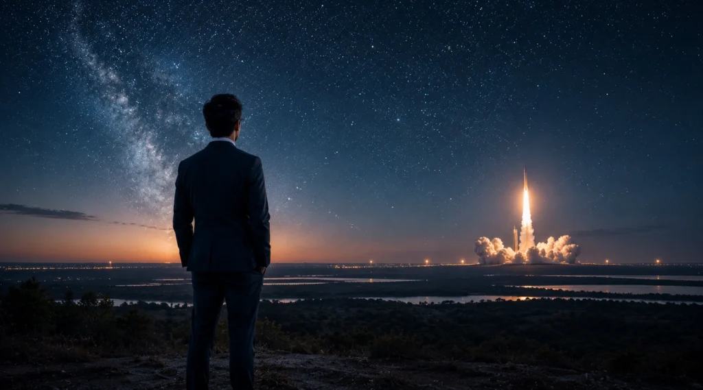 Graduate watching a rocket launch beneath a star-filled sky symbolizing a future space career