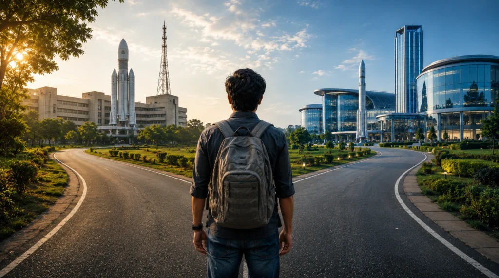 Engineering student choosing between ISRO career and private space company career