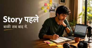 Indian content creator planning a story at a creative workspace with notebook, camera and laptop