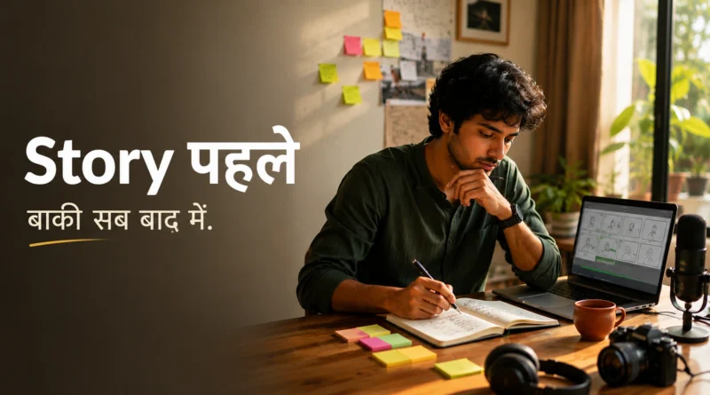 Indian content creator planning a story at a creative workspace with notebook, camera and laptop