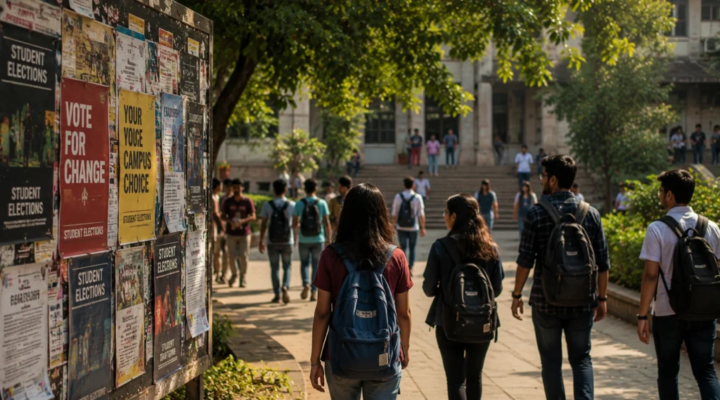 Students walking past election posters on a university campus