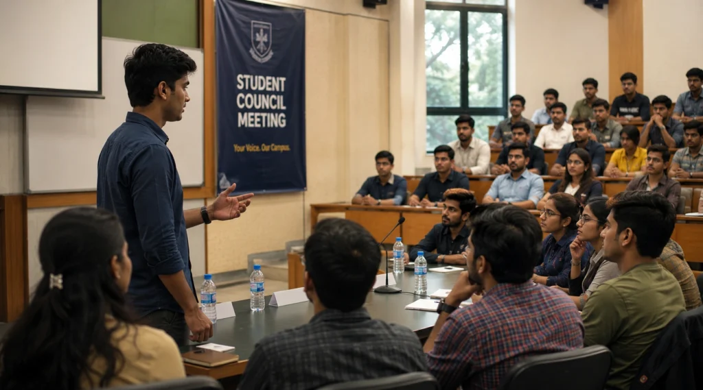 Student representative speaking during a university council meeting