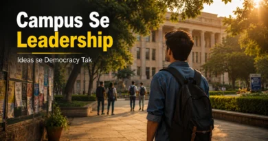 क्या छात्र राजनीति लोकतंत्र की पहली पाठशाला है? Indian university student looking across campus, symbolizing leadership and democratic participation