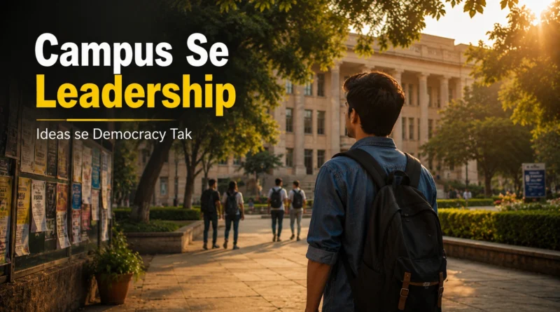 Indian university student looking across campus, symbolizing leadership and democratic participation