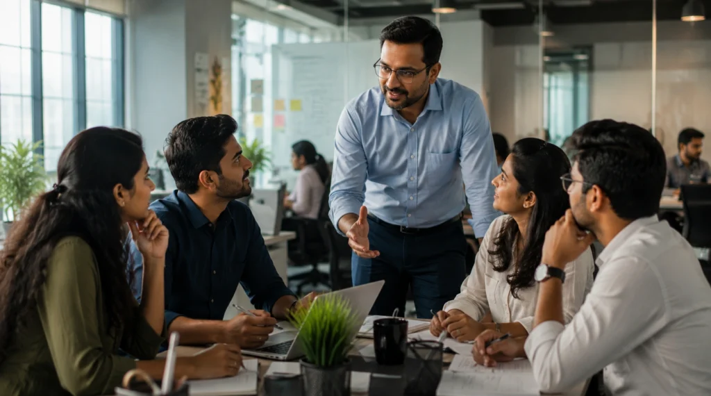 Team discussion के दौरान employees की बात सुनता manager