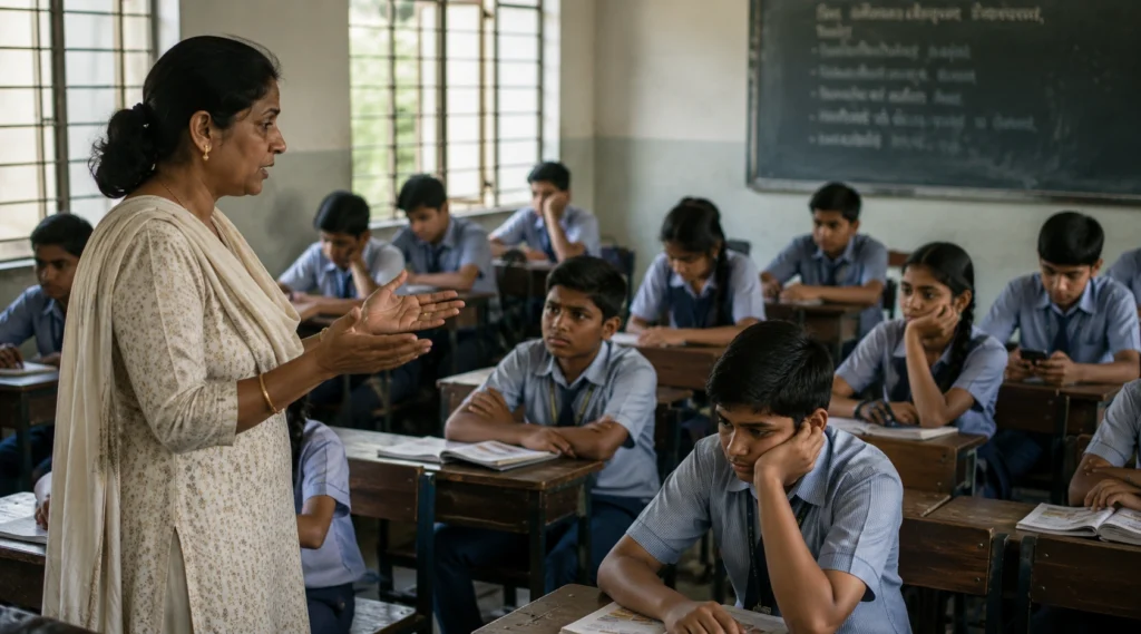 Indian teacher addressing distracted students in a classroom during a lesson