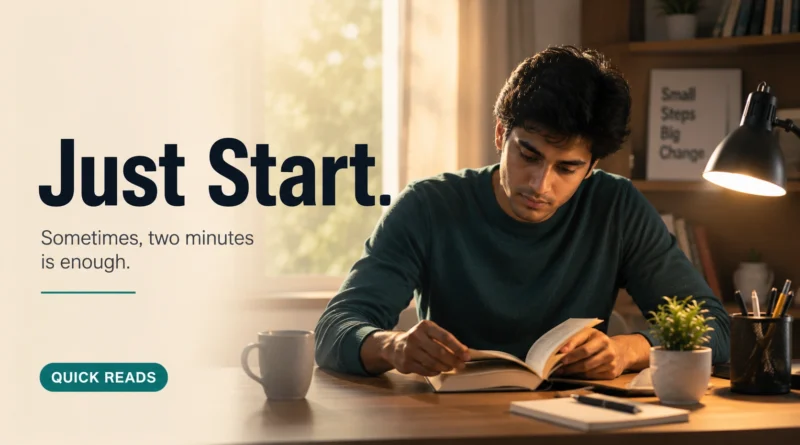 A young professional starts reading a book at a clean desk, illustrating The 2-Minute Rule and the power of taking small first steps.