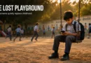 Indian school child sitting on a swing using a smartphone while other children play in the background