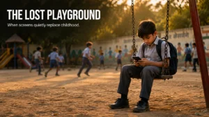 Indian school child sitting on a swing using a smartphone while other children play in the background