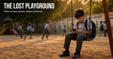 Indian school child sitting on a swing using a smartphone while other children play in the background