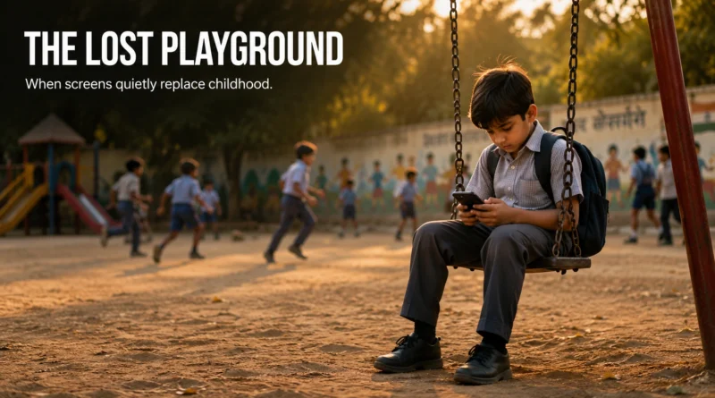 Indian school child sitting on a swing using a smartphone while other children play in the background