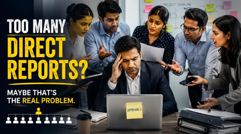 Overwhelmed manager surrounded by multiple team members waiting for approvals, illustrating the leadership bottleneck created by too many direct reports.