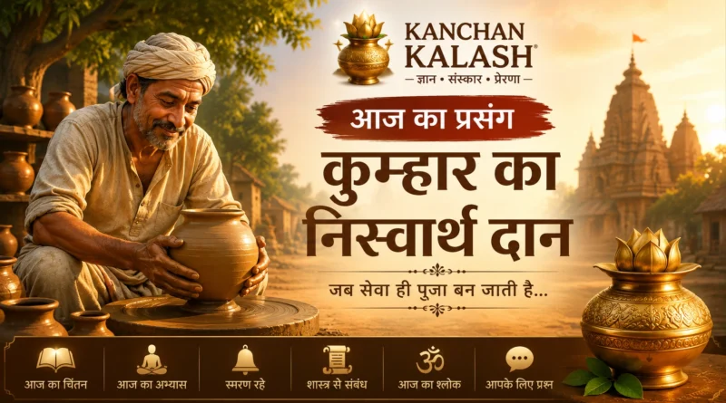 वृद्ध साधु के आश्रम में सेवा करता एक साधारण कुम्हार, जबकि एक धनी व्यापारी दान देता हुआ।