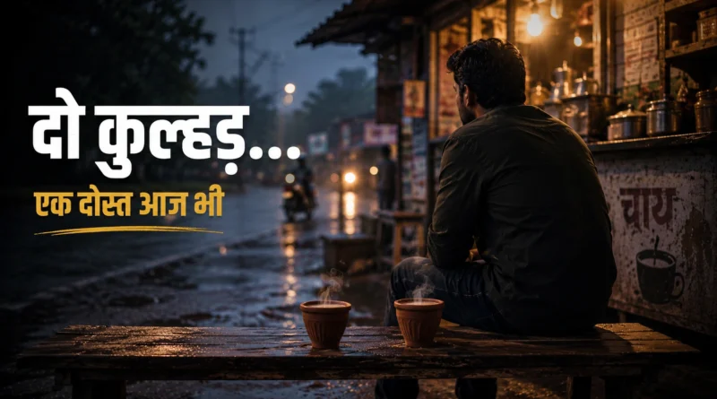 पुरानी चाय की दुकान पर दो कुल्हड़ चाय और अकेला बैठा एक दोस्त