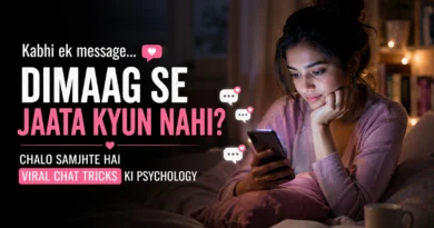 महिला रात में स्मार्टफोन पर चैट पढ़ते हुए, वायरल चैट साइकोलॉजी और डिजिटल कम्युनिकेशन की जिज्ञासा को दर्शाती हुई।