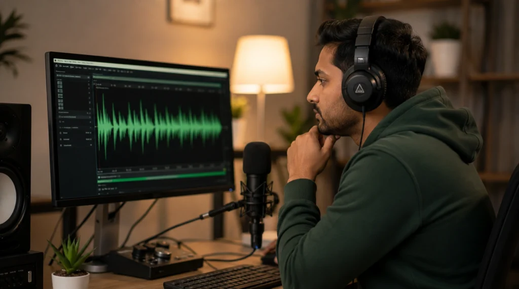 Indian content creator reviewing voice recording waveform on a computer in a home studio