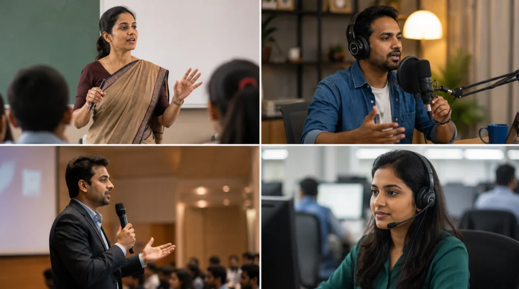 Indian teacher, podcaster, public speaker and customer support executive using their voice professionally