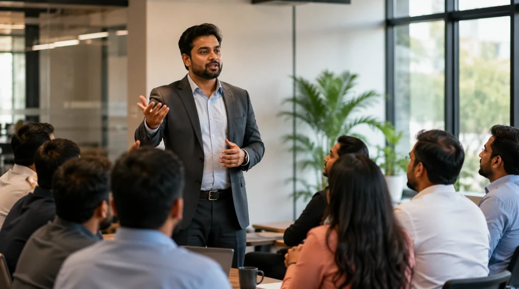 Indian corporate trainer explaining voice projection techniques during a workplace presentation