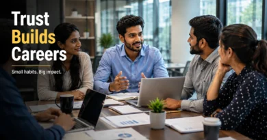 Career Growth का Hidden Formula: आपकी Reputation ही आपका असली Resume है Young Indian professionals collaborating in a modern office meeting, representing workplace habits, trust and long-term career growth.