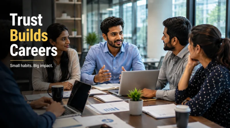 Young Indian professionals collaborating in a modern office meeting, representing workplace habits, trust and long-term career growth.