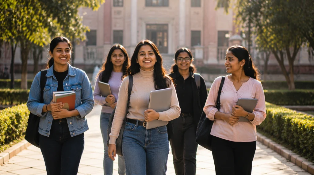 Group of young Indian women walking confidently across a university campus.
