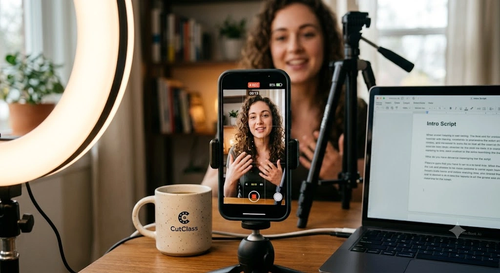 Creator recording a YouTube video with a smartphone, ring light and script.