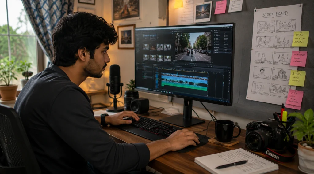 Indian YouTuber editing a video timeline with storyboard notes in a creative home studio