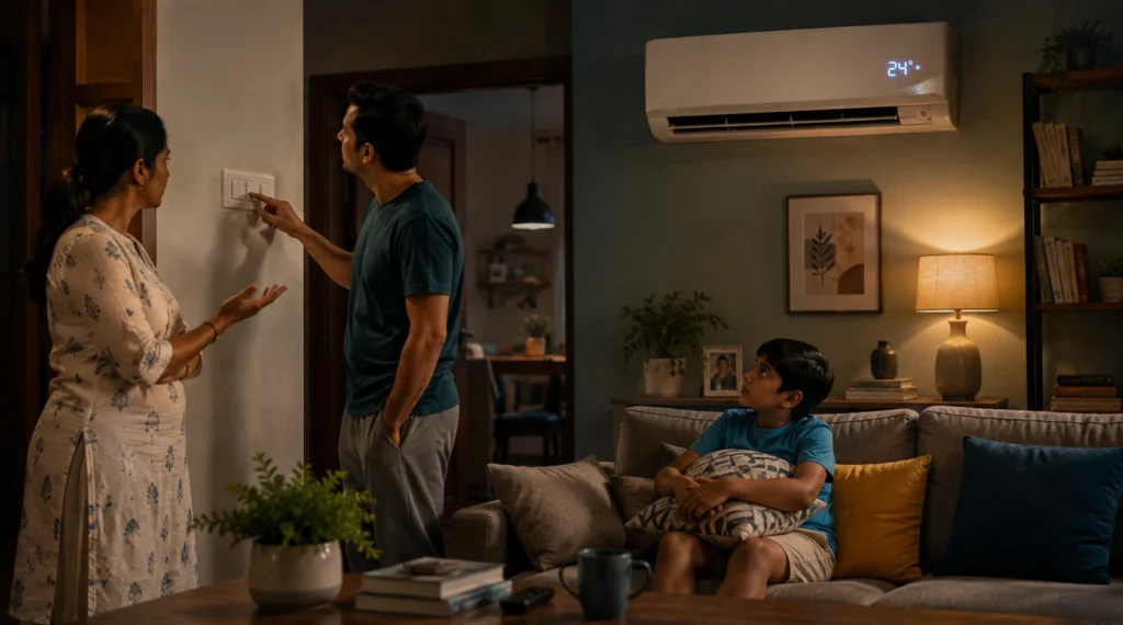 Family discussing whether to switch the air conditioner off before leaving the room.