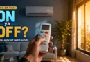 Person deciding whether to keep the AC on or turn it off using a remote.