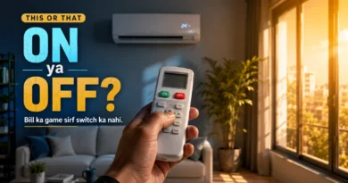 Person deciding whether to keep the AC on or turn it off using a remote.
