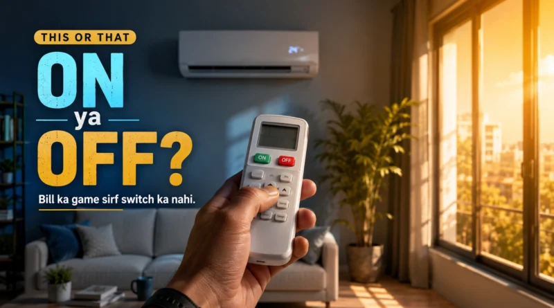 Person deciding whether to keep the AC on or turn it off using a remote.